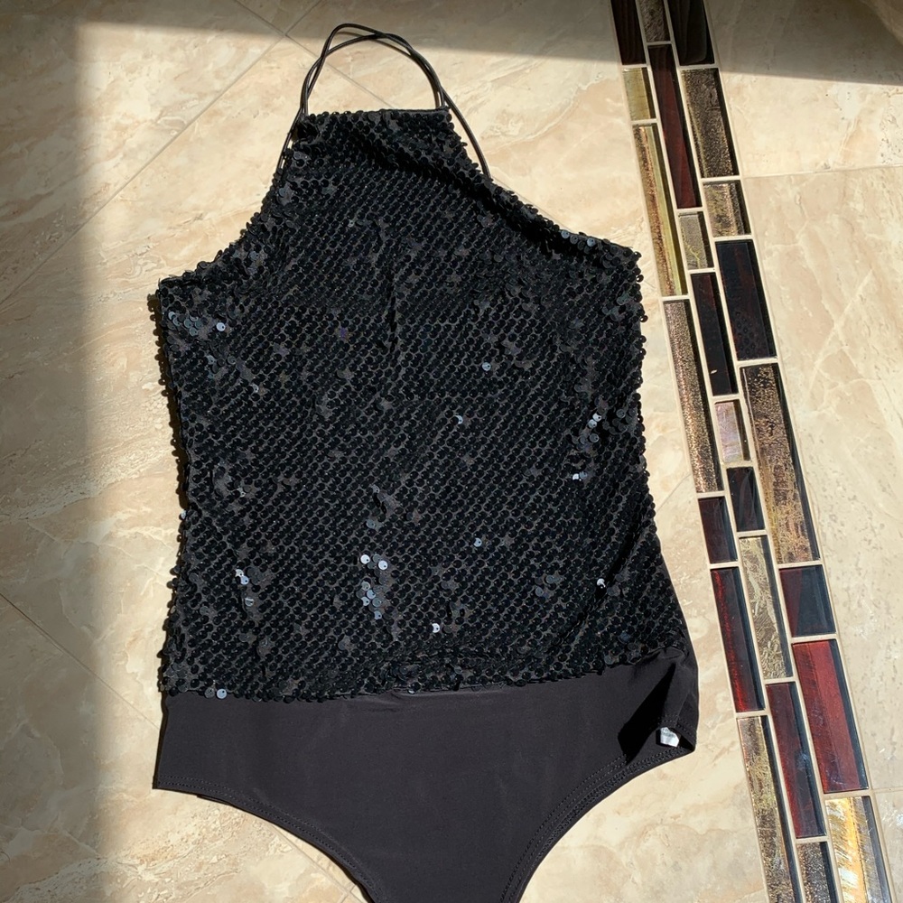 Black sequence halter top body suit